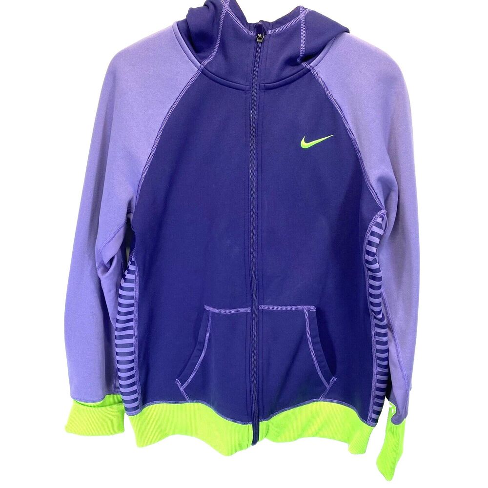 Nike Women Large Hoodie Therma Dri Fit Purple Neon Green Full Zip Jacket RN56323